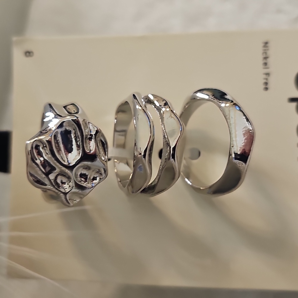 NWT Open Edit Set Of 3 Molten Rhodiun Rings Size 8 Silver - Picture 10 of 12